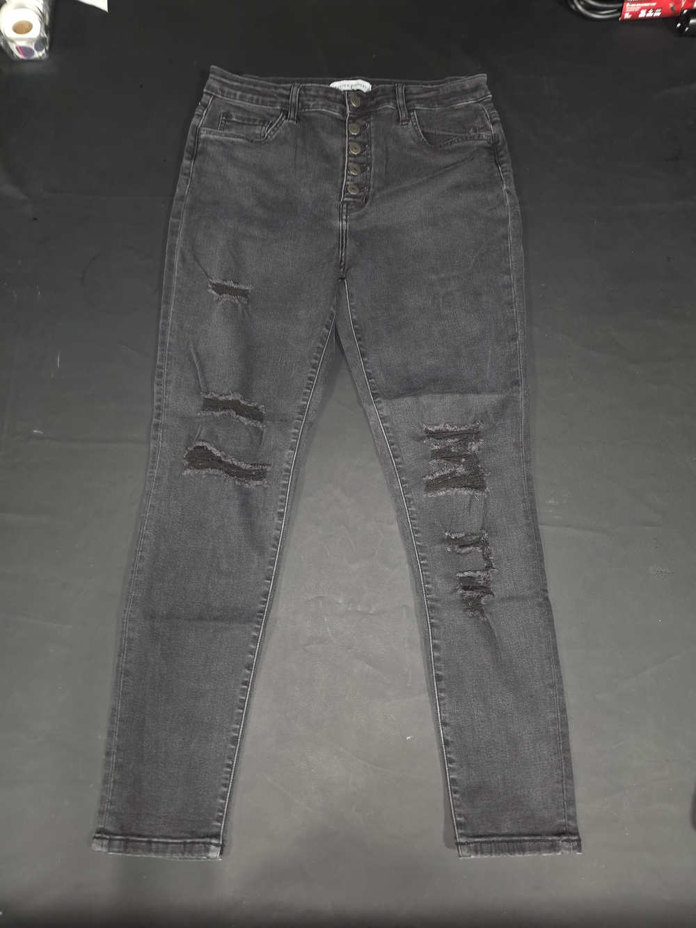 Flying Monkey Women's Black Distressed Skinny Jeans with Button-Fly